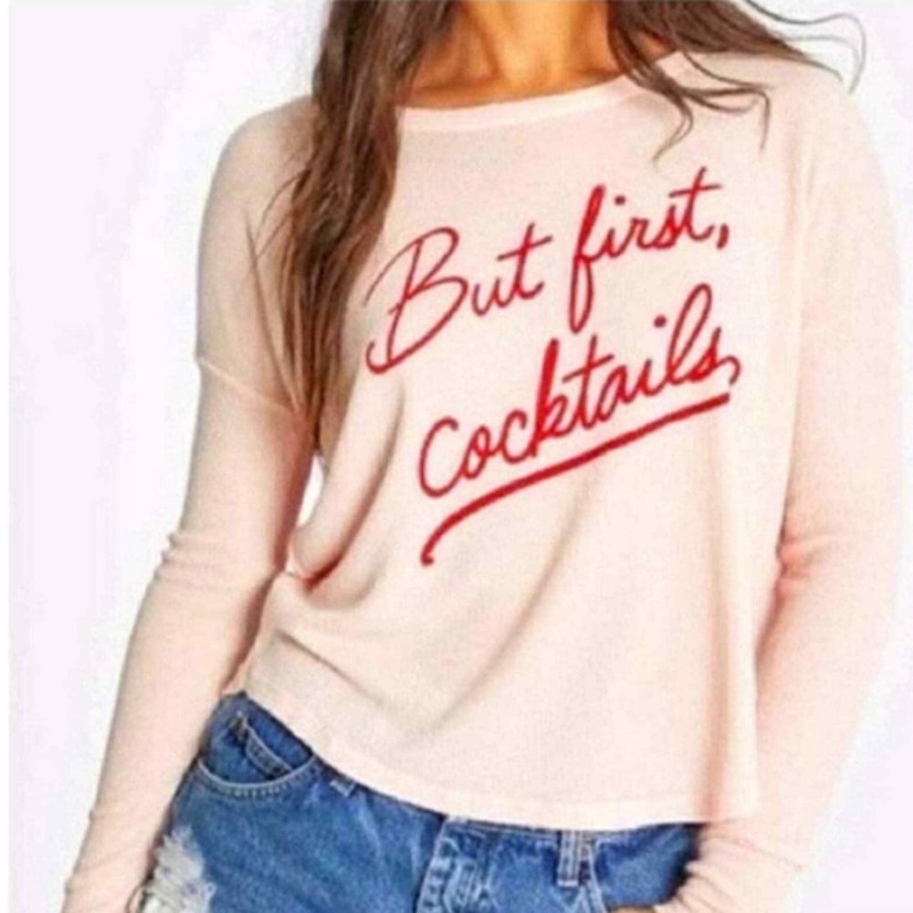 NWT Wildfox “But First, Cocktails” Pink Cotton Blend Sweatshirt, fits XS-m